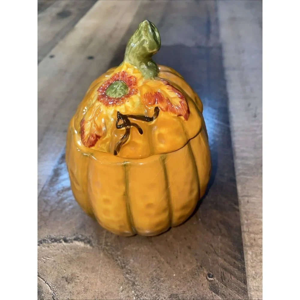 Autumn Fall Orange Pumpkin Gourd‎ Leaves Sugar Bowl and Creamer Set thanksgiving
